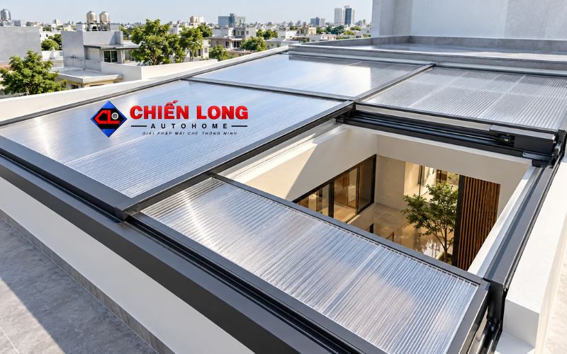 Hoàn thiện mái giếng trời polycarbonate khung nhôm cho nhà phố.