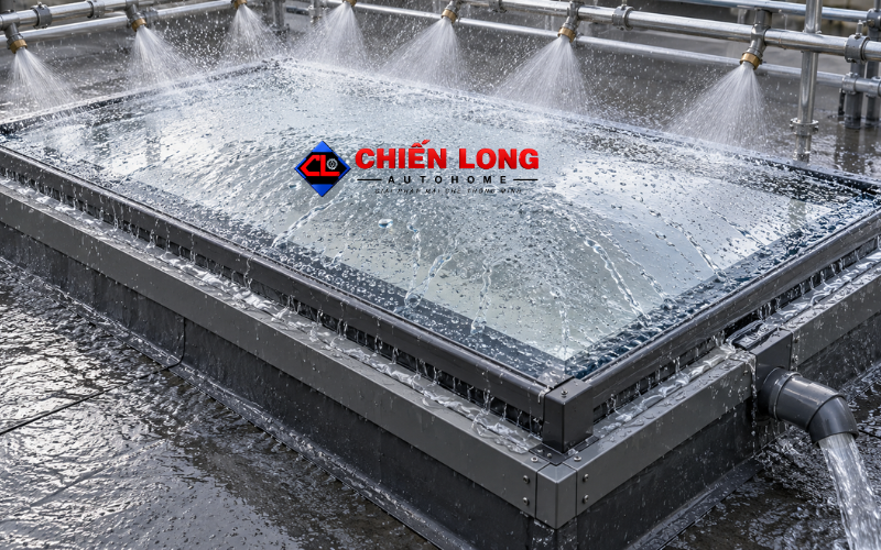 Thử nước chống dột sau khi lắp đặt giếng trời tự động.