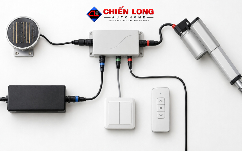 Sơ đồ kết nối cảm biến mưa bộ điều khiển 24V và motor giếng trời
