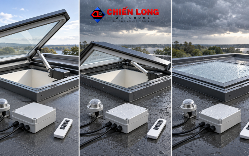 Hoàn thiện lắp đặt giếng trời tự động chống dột.