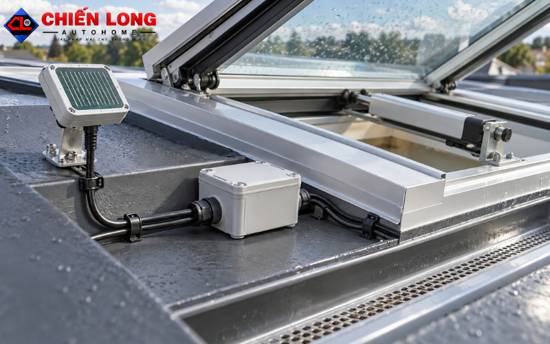 Cảm biến mưa giếng trời đặt tại vị trí nhận nước mưa để kích hoạt đóng cửa.