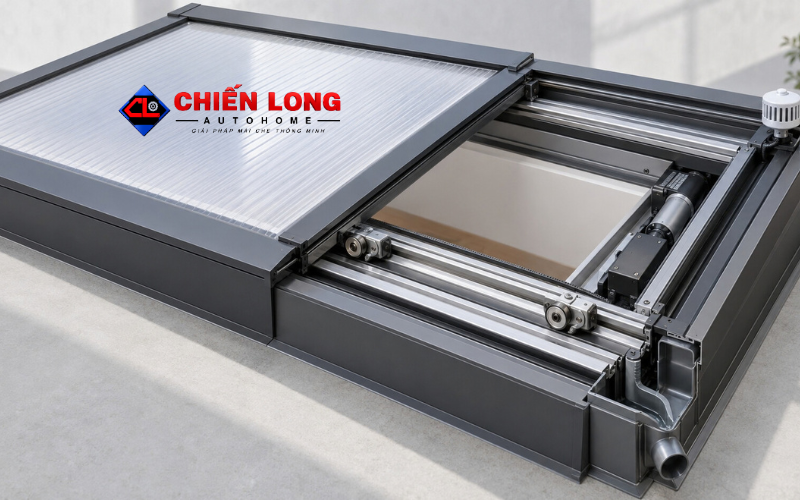 Lắp đặt giếng trời tự động khung nhôm Polycarbonate tại công trình
