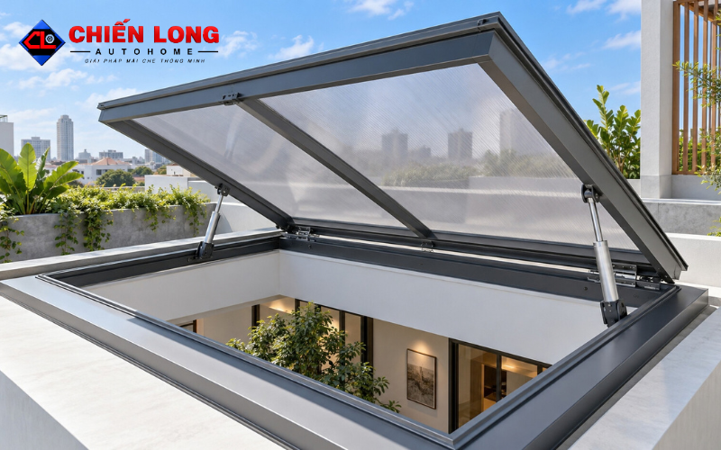 Giếng trời lật tự động khung nhôm mở lấy gió