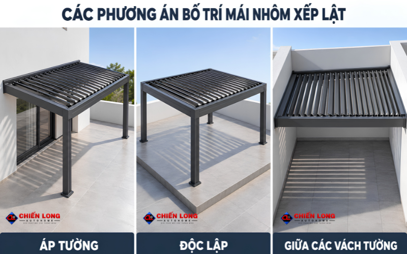 Phối cảnh các phương án bố trí mái nhôm xếp lật theo mặt bằng công trình