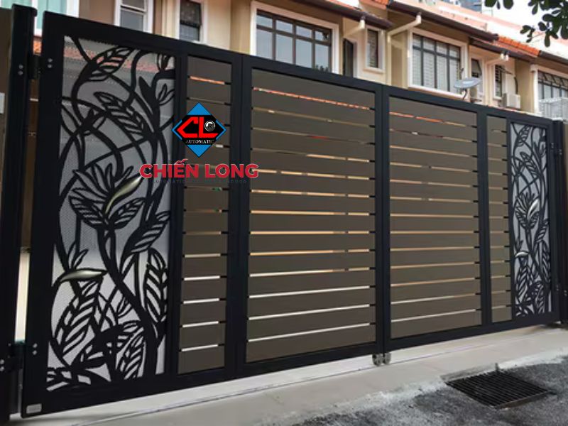  Cổng sắt CNC trượt quay 4 cánh hiện đại, tối giản