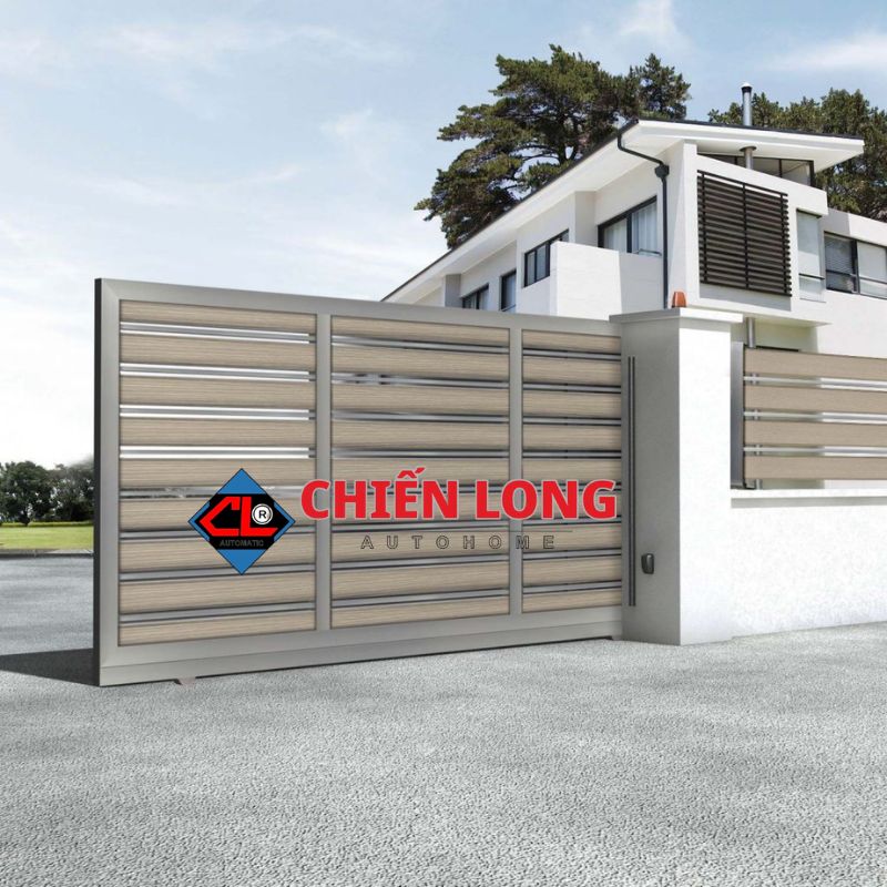 Mẫu cổng lùa xếp hiện đại với thiết kế khung nhôm kết hợp nan giả gỗ sang trọng - mang lại vẻ đẹp tinh tế