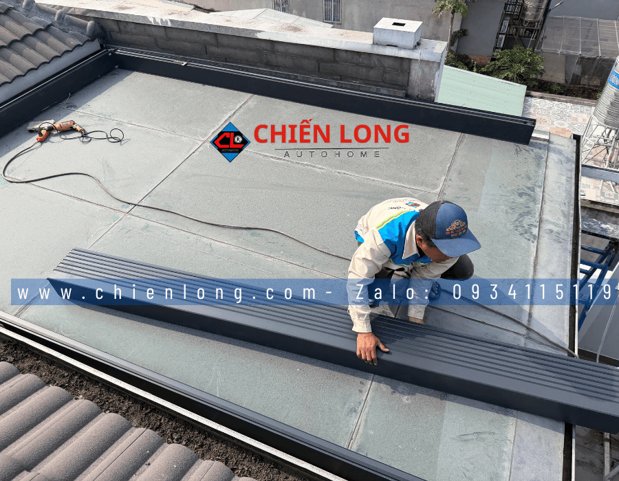 Công trình mái nhôm che mái kính xếp trượt tự động thực tế Đồng Nai