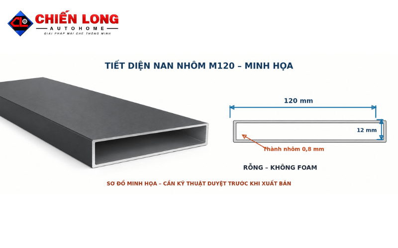 Tiết diện nan nhôm M120 120 × 12 mm, chiều dày thành 0,8 mm theo catalogue