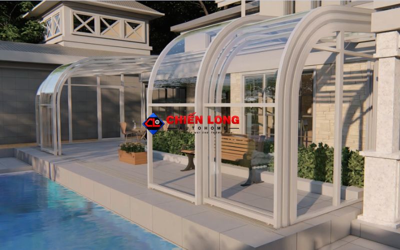 Mái xếp Poly tự động với tấm Polycarbonate lấy sáng và hệ khung nhôm