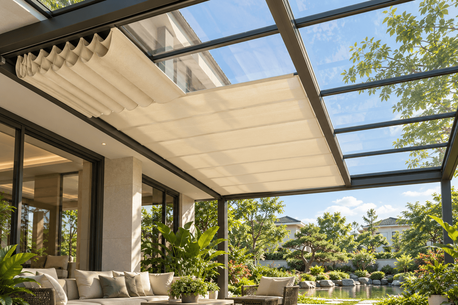 Rèm che nắng phủ bên dưới giếng trời kính trong không gian nhà phố