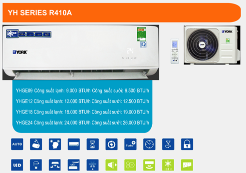 Điều hòa treo tường York - 1 chiều - 9,000 Btu/h – Gas R410