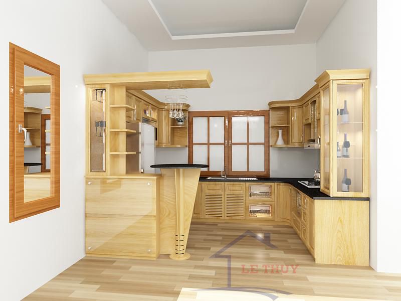 Phù phép căn bếp nhỏ với mẫu tủ bếp gỗ sồi Nga chữ U kết hợp quầy bar độc đáo