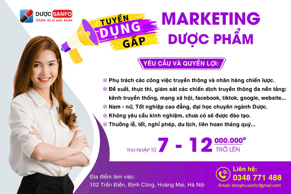 DƯỢC SANFO TUYỂN DỤNG NHÂN VIÊN MARKETING (Dược phẩm)
