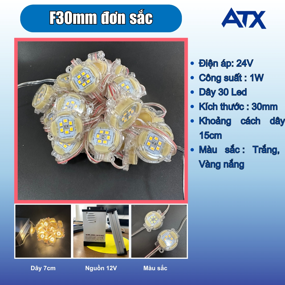 LED F30 đơn sắc điện áp 24V (đầu trong) trang trí viền biển quảng cáo, tòa nhà.