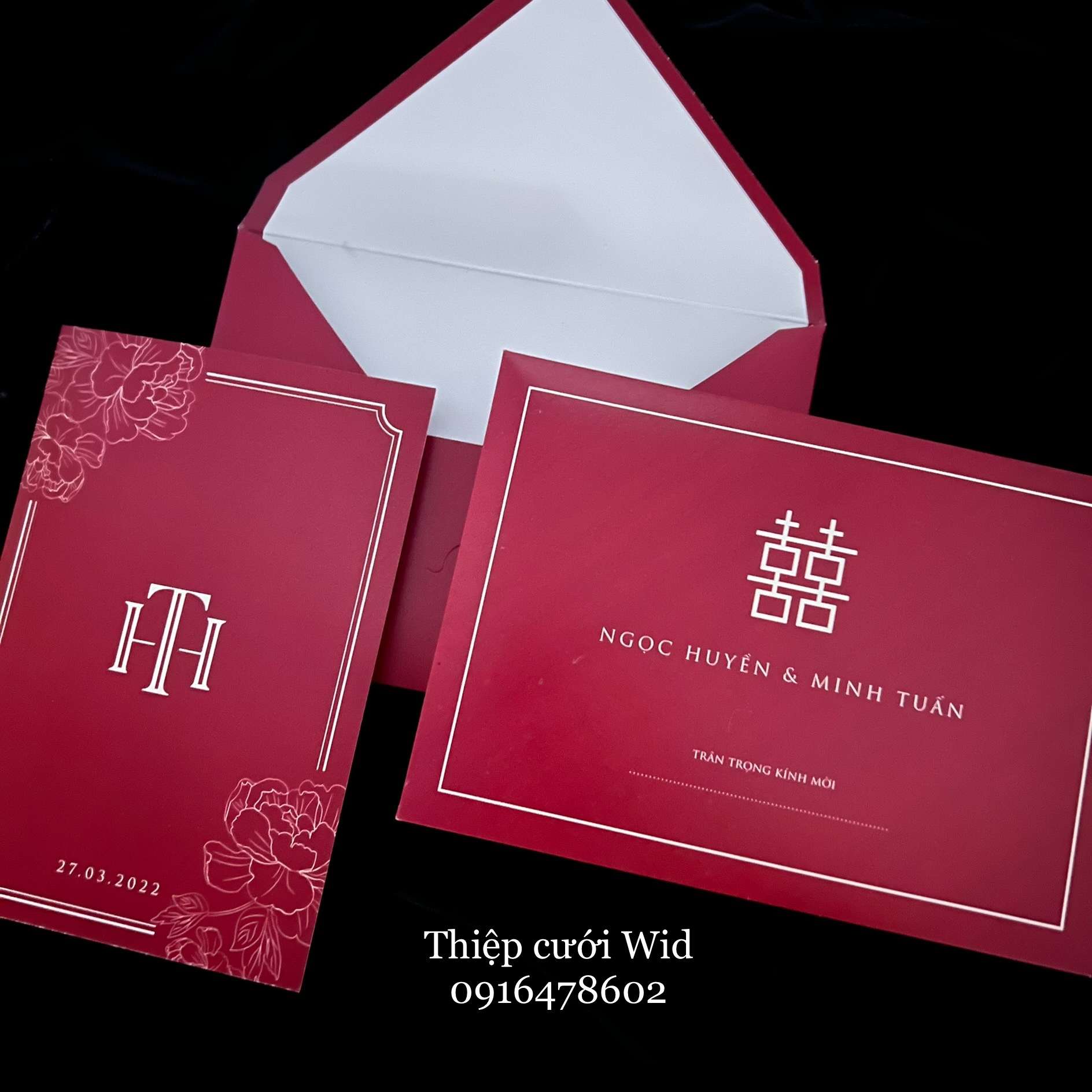 PB 361 - Thiệp đỏ truyền thống họa tiết Hoa Mẫu Đơn