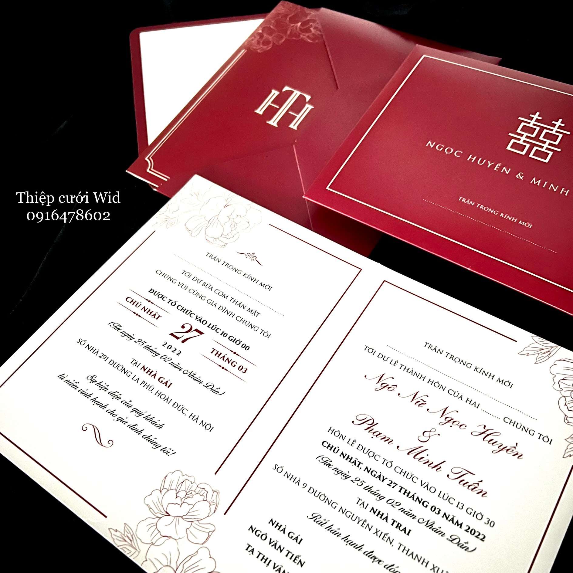 PB 361 - Thiệp đỏ truyền thống họa tiết Hoa Mẫu Đơn