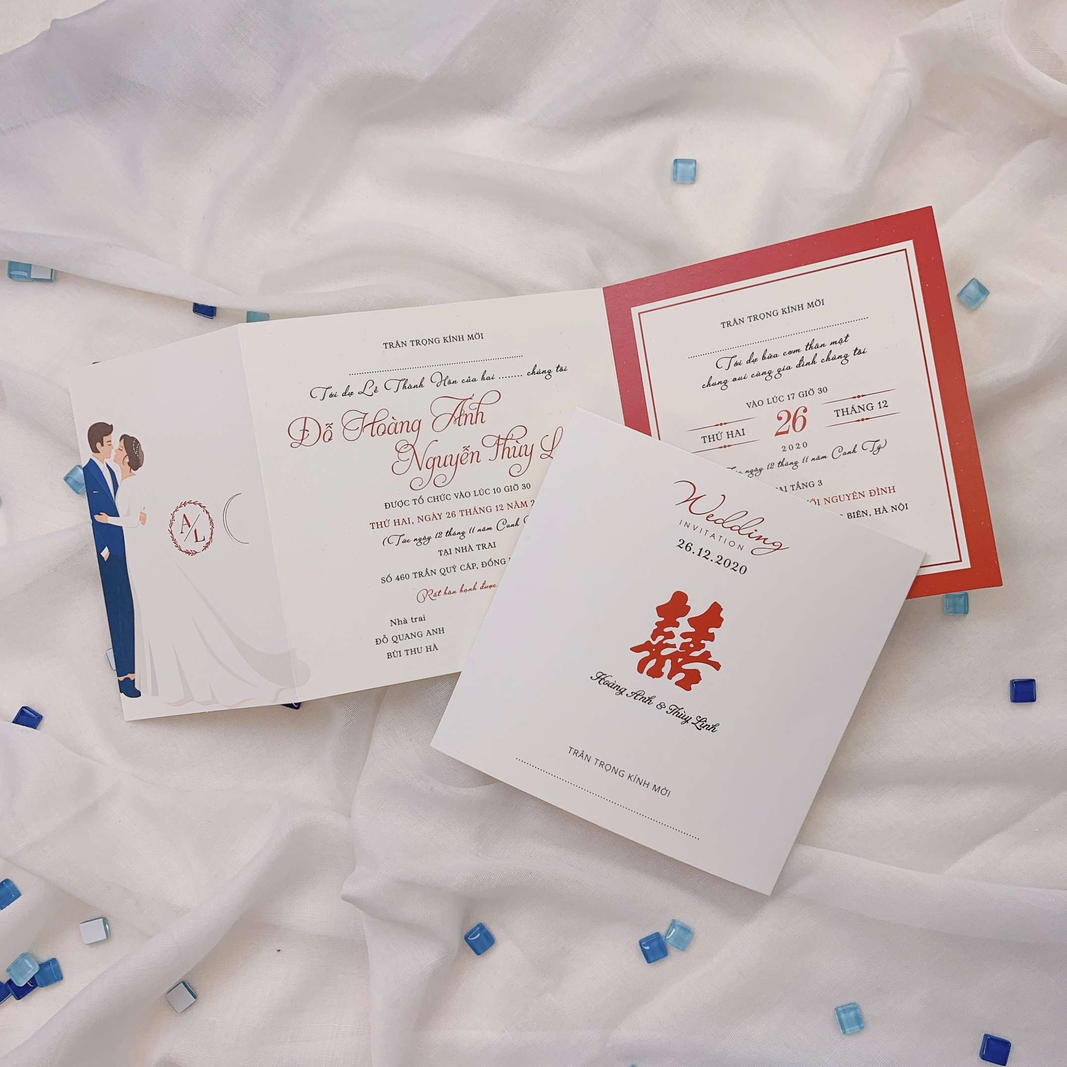219 Vuông - Thiệp cưới tối giản chữ hỷ, in hình chibi