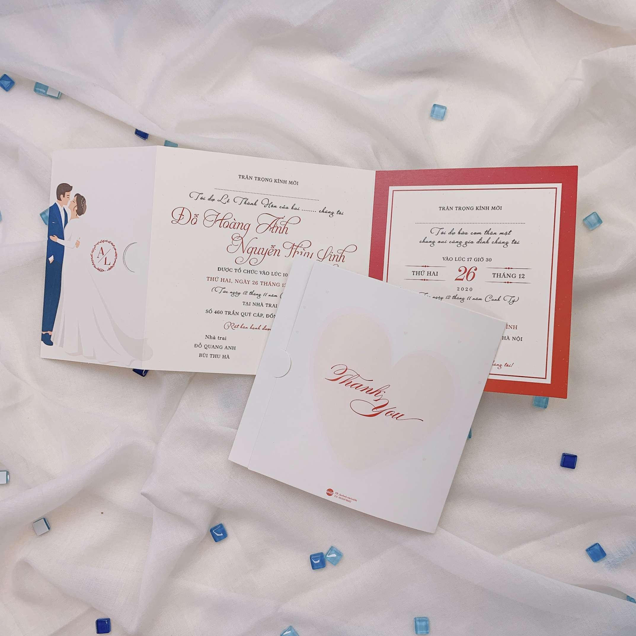 219 Vuông - Thiệp cưới tối giản chữ hỷ, in hình chibi