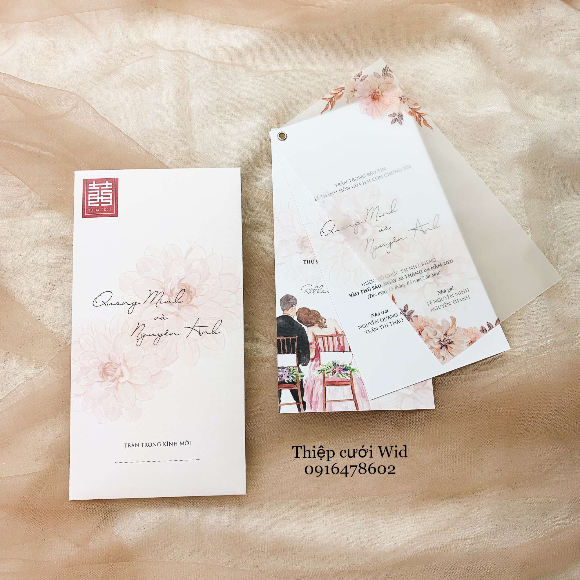 3 lá 291 - Thiệp hoa đào hồng chữ hỷ