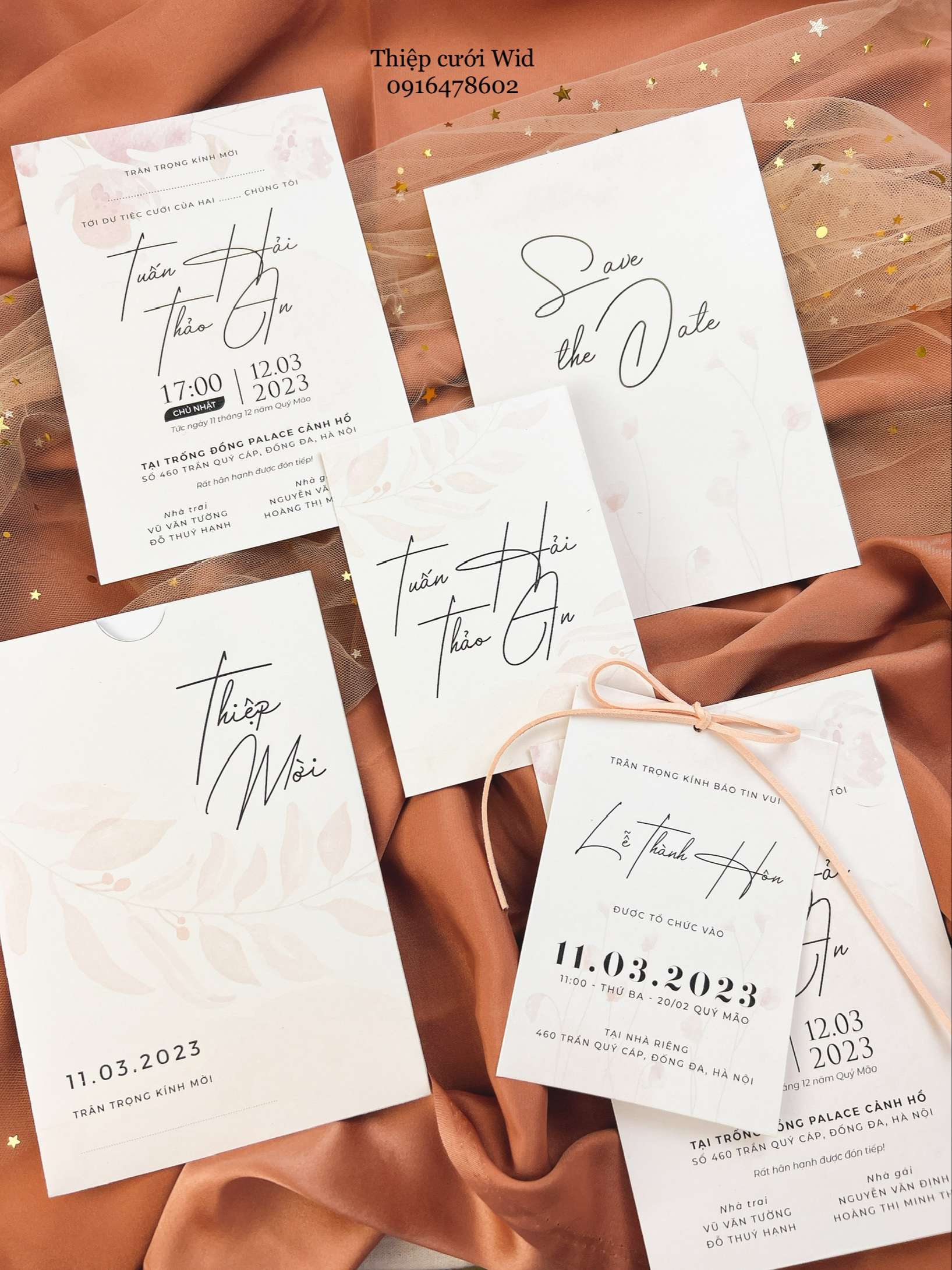 PB 375 - Thiệp cưới họa tiết lá hồng nhẹ nhàng, hiện đại