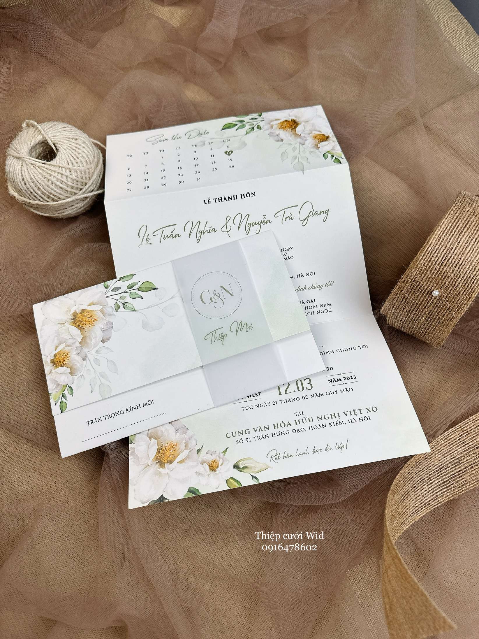 Ngang 374 - Thiệp hoa lá tone xanh trắng
