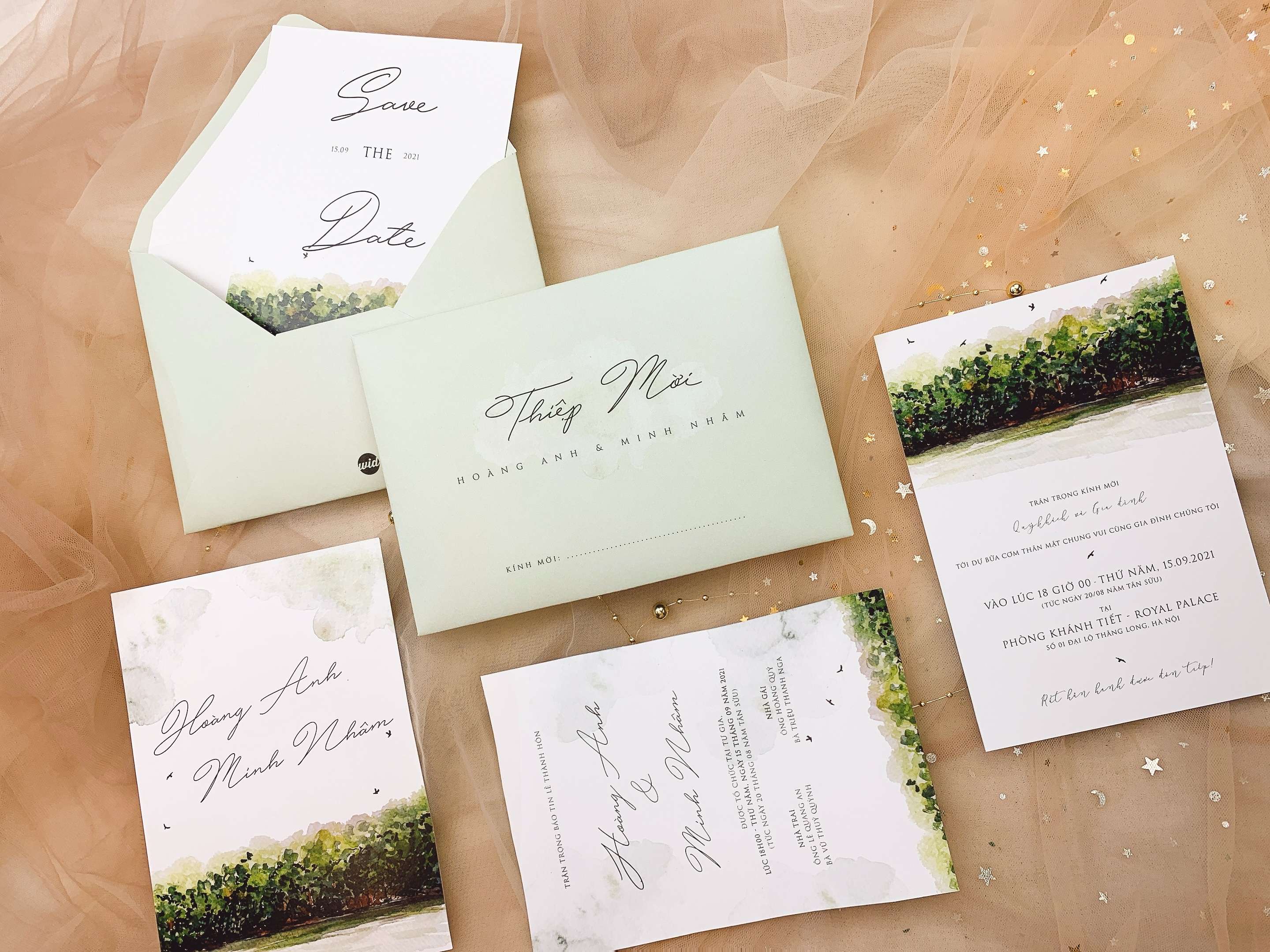 PB 297 - Thiệp hiện đại kết hợp họa tiết lá xanh