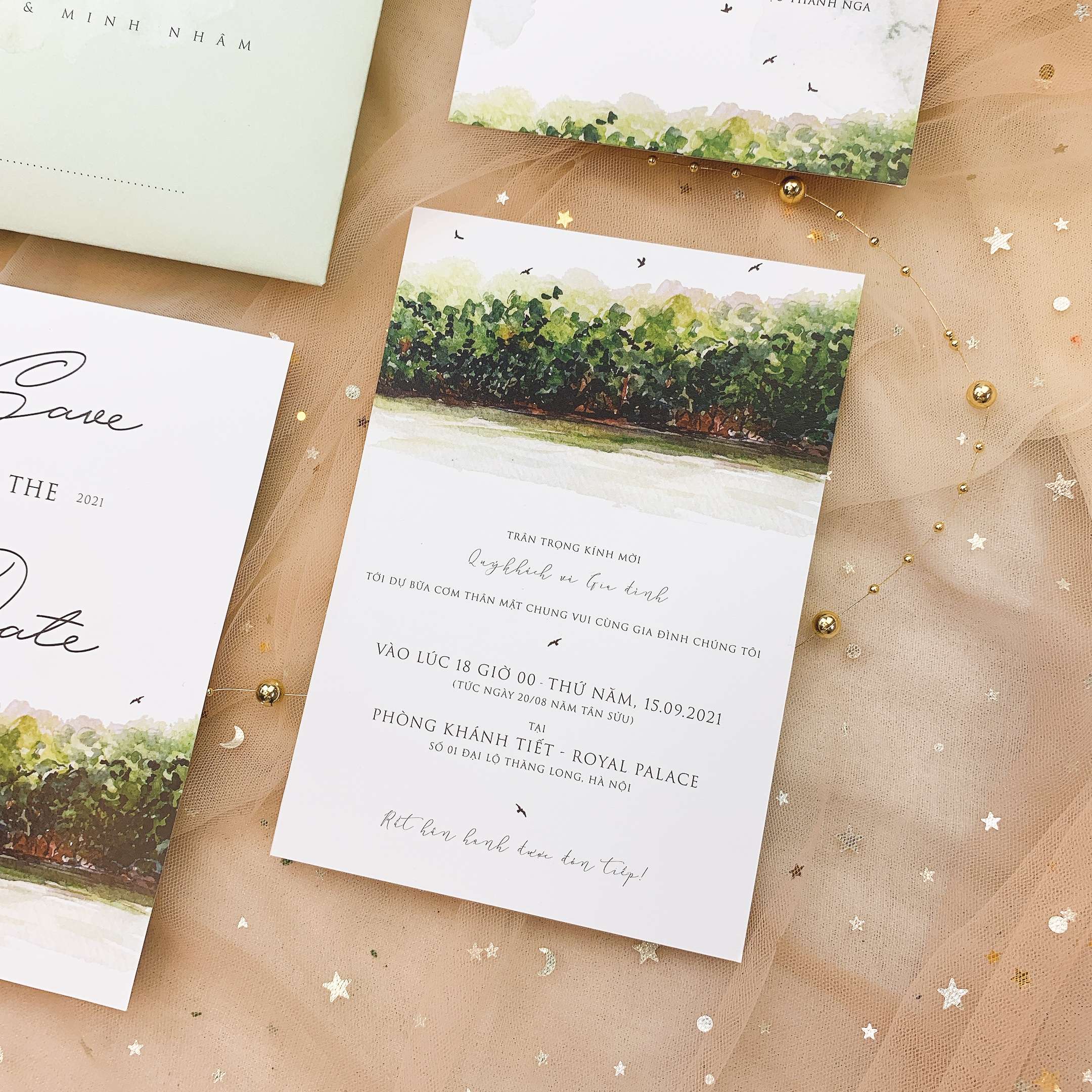 PB 297 - Thiệp hiện đại kết hợp họa tiết lá xanh