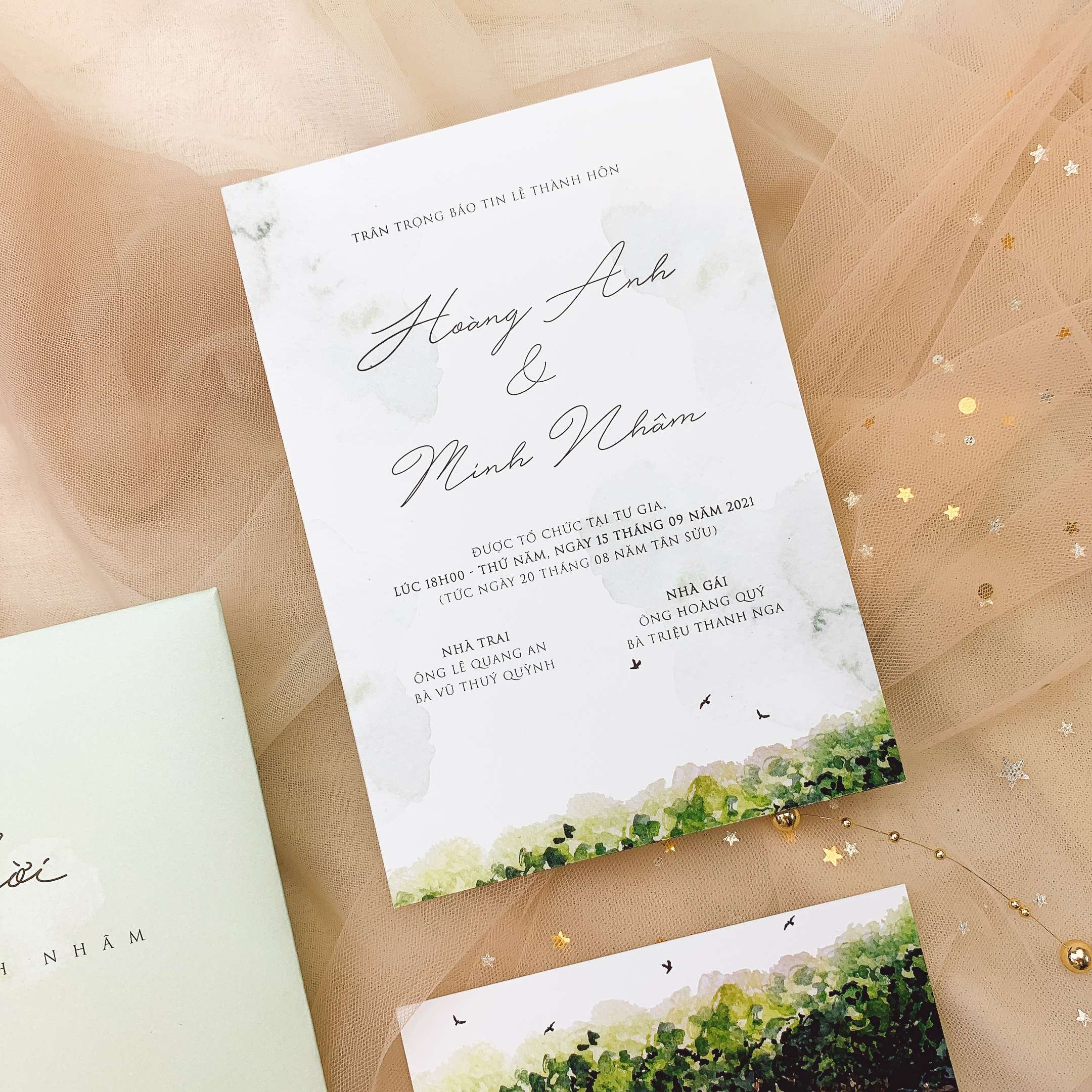 PB 297 - Thiệp hiện đại kết hợp họa tiết lá xanh