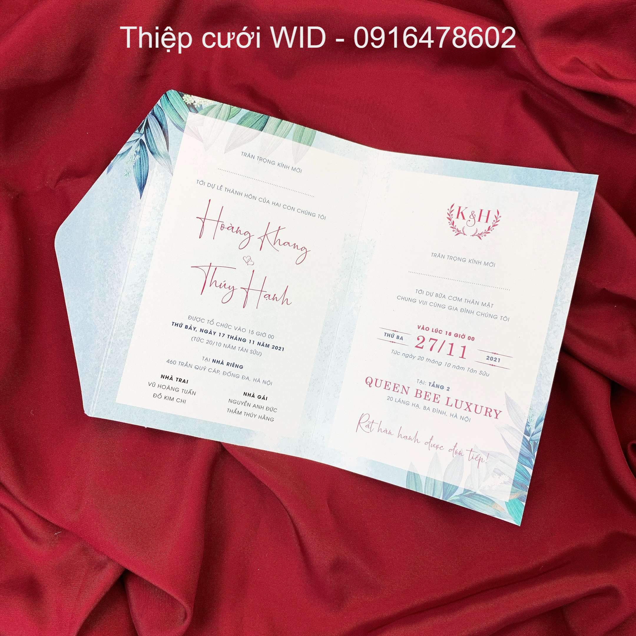 310 CN - Thiệp cành lá xanh dương nền loang xu hướng mùa hè