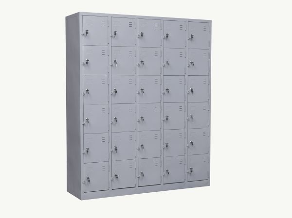 Tủ locker gồm 30 ngăn với độ dày 0,4 - 1,2 mm màu ghi sáng
