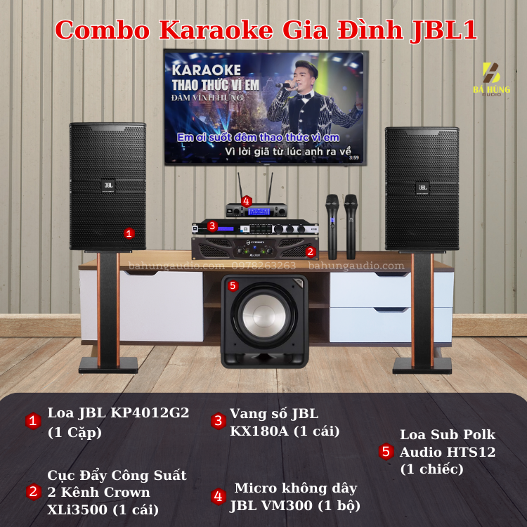 Dàn Karaoke Gia Đình JBL1: JBL 4012 G2, Đẩy Crown XLi3500 ,Vang KX180A , Micro VM300 , Sub Polk HTS12