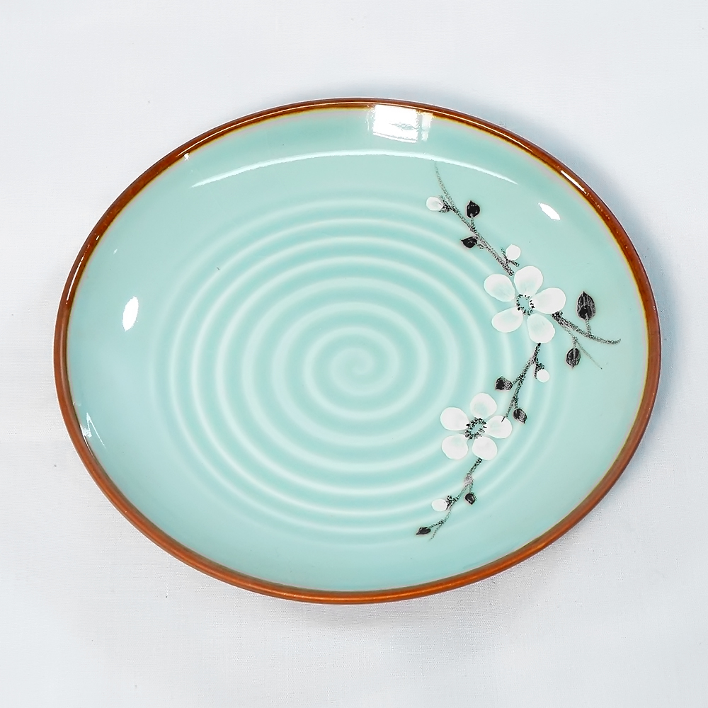 Đĩa Tròn Men Xanh Ngọc Vẽ Hoa Đào