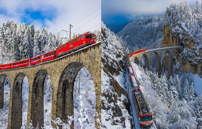 Tàu hỏa chạy xuyên dãy Alps trong tuyết trắng