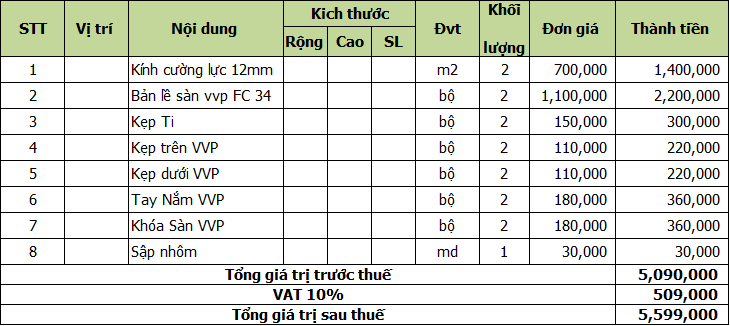  báo giá cửa kính thủy lực 2 cánh 1 vách trên