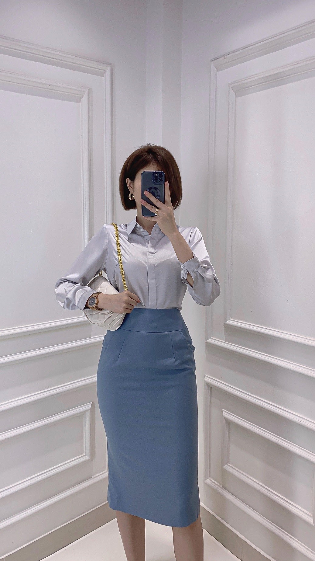 JOJOZ độc quyền lụa satin satin màu xám dài tay áo dài khí chất OL thời  trang mặc áo blouse Kiểu áo sơ mi nữ tay lỡ  Tàu Tốc Hành 