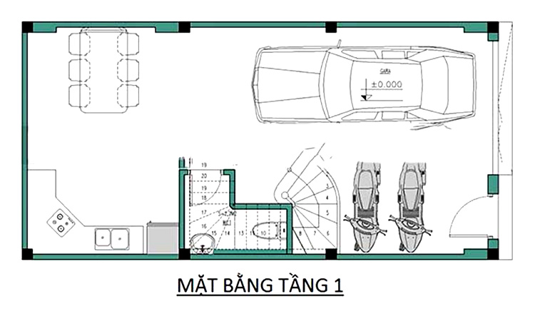 Bản vẽ mặt bằng tầng 1 mẫu thiết kế nhà phố 4 tầng mặt tiền 4m