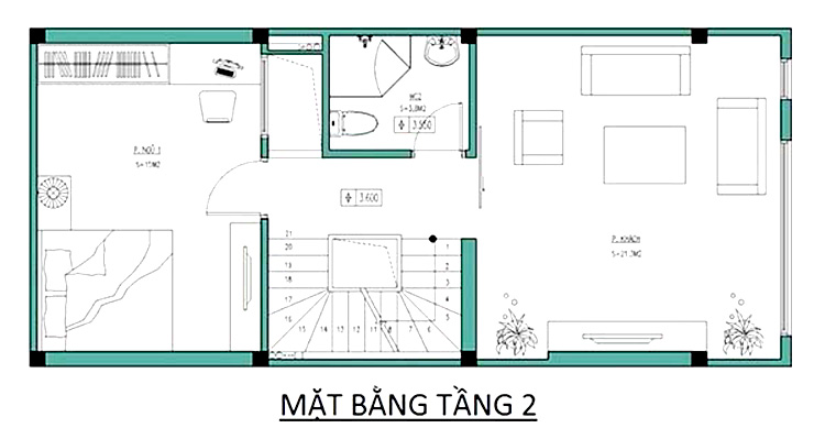 Bản vẽ mặt bằng tầng 2 mẫu thiết kế nhà phố 4 tầng mặt tiền 4m