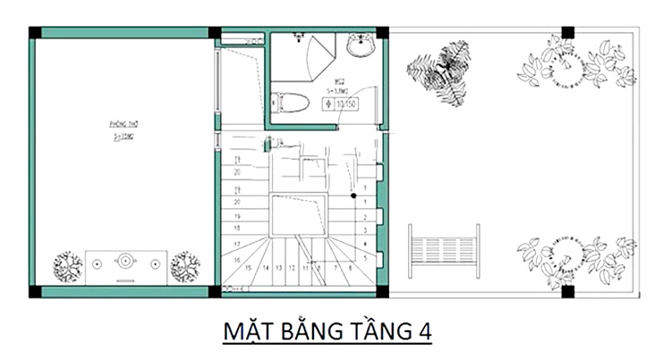 Bản vẽ mặt bằng tầng 4 mẫu thiết kế nhà phố 4 tầng mặt tiền 4m