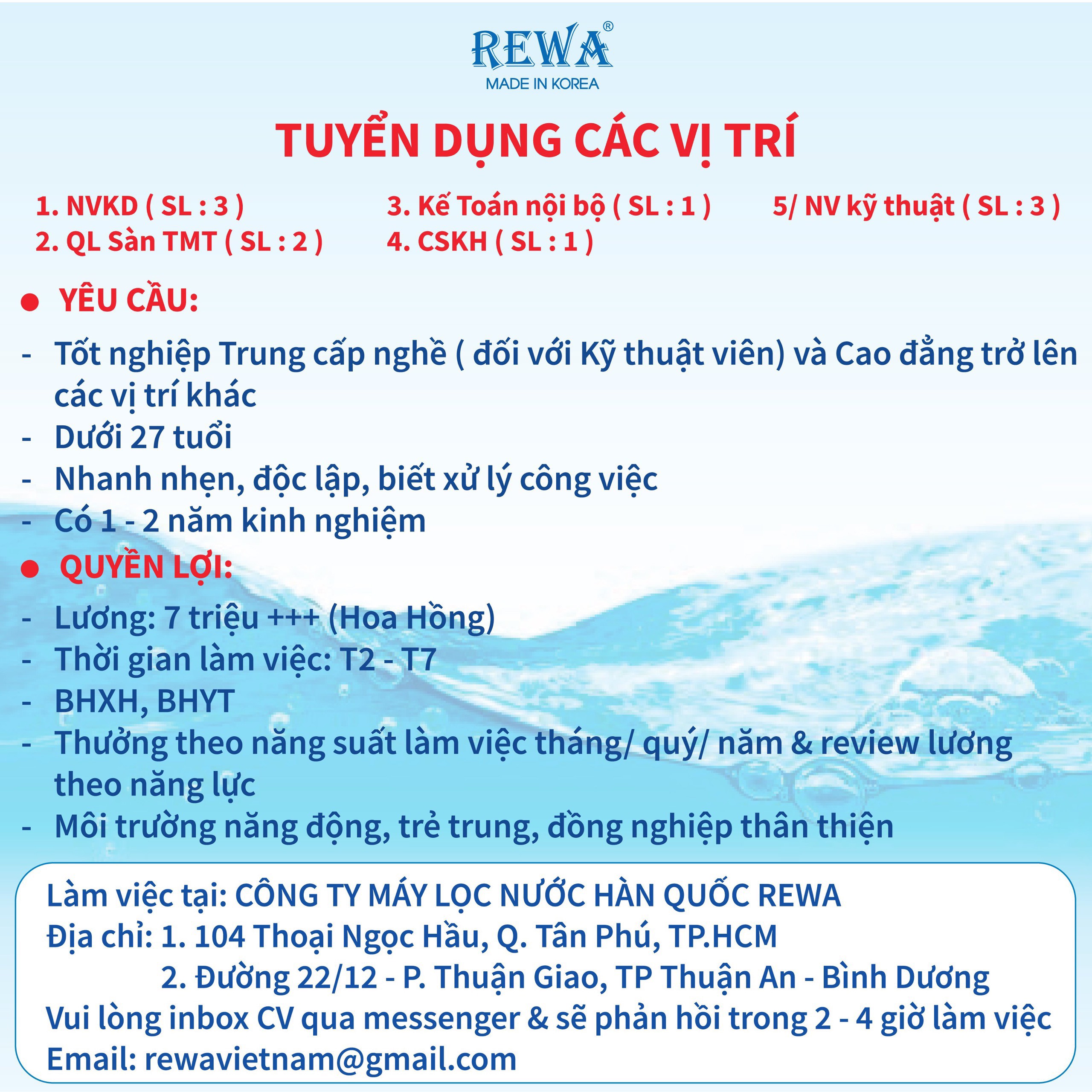 MÔ TẢ CÔNG VIỆC CÁC VỊ TRÍ CẦN TUYỂN DỤNG REWA