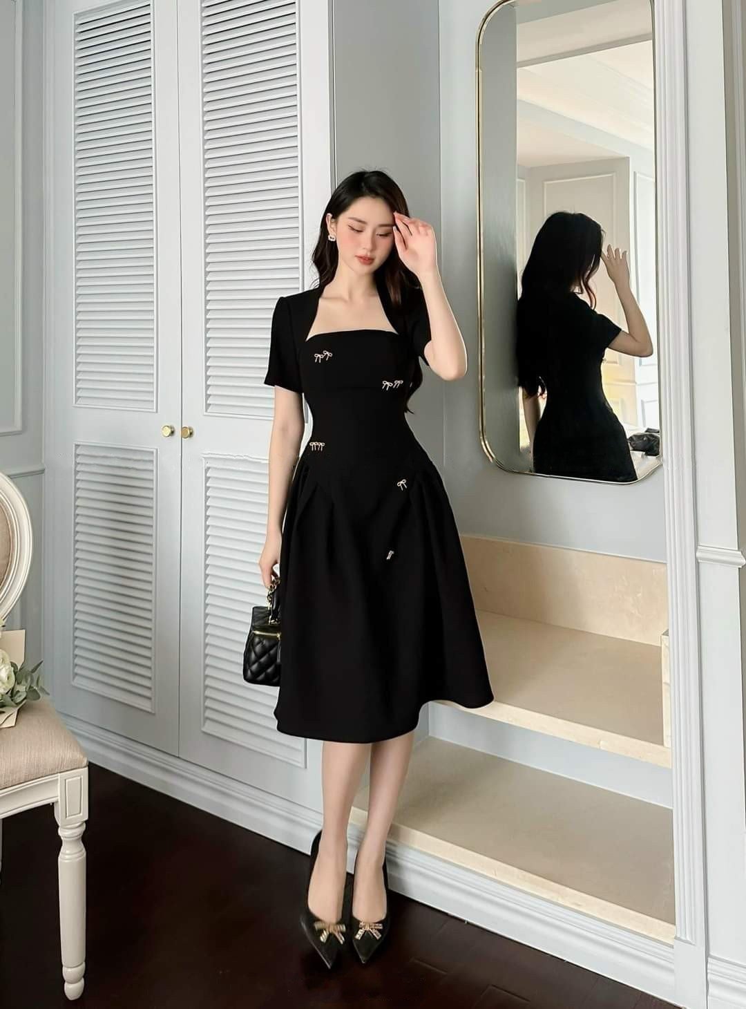 Đầm dự tiệc dáng xòe cúp tay con kèm nơ đá sang trọng