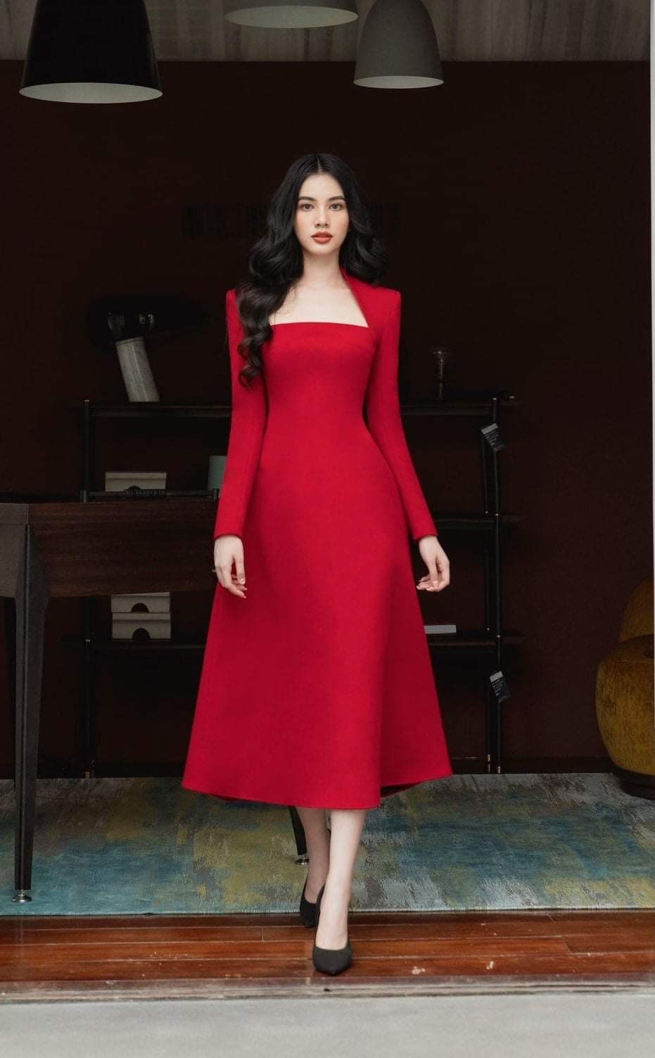 Đầm xòe cổ vuông tay phồng màu đỏ cao cấp - BH30350 - Chaxishop - Thời  trang cao cấp