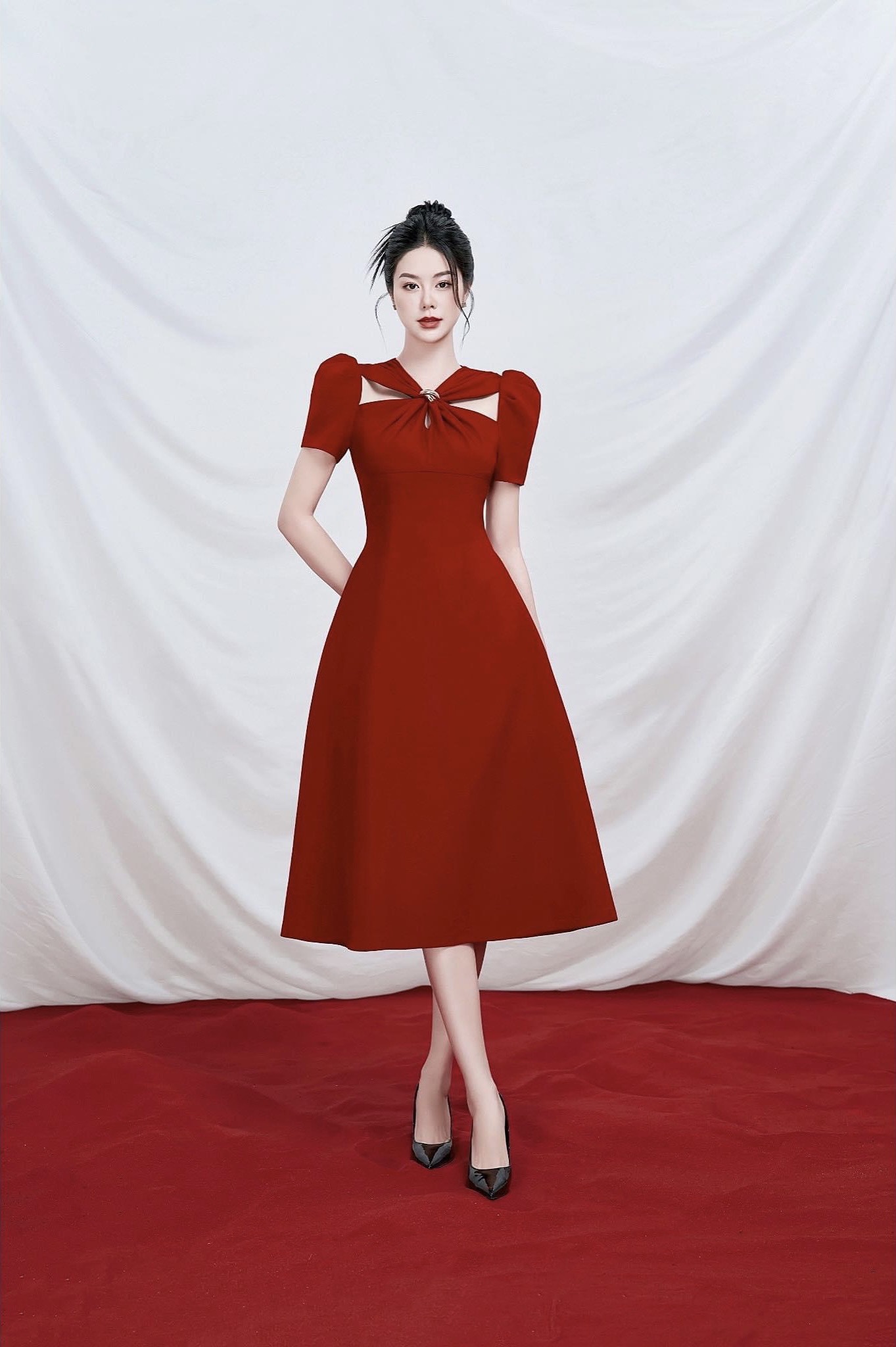 Đầm dự tiệc dáng xoè tay con cut out vai sang trọng 