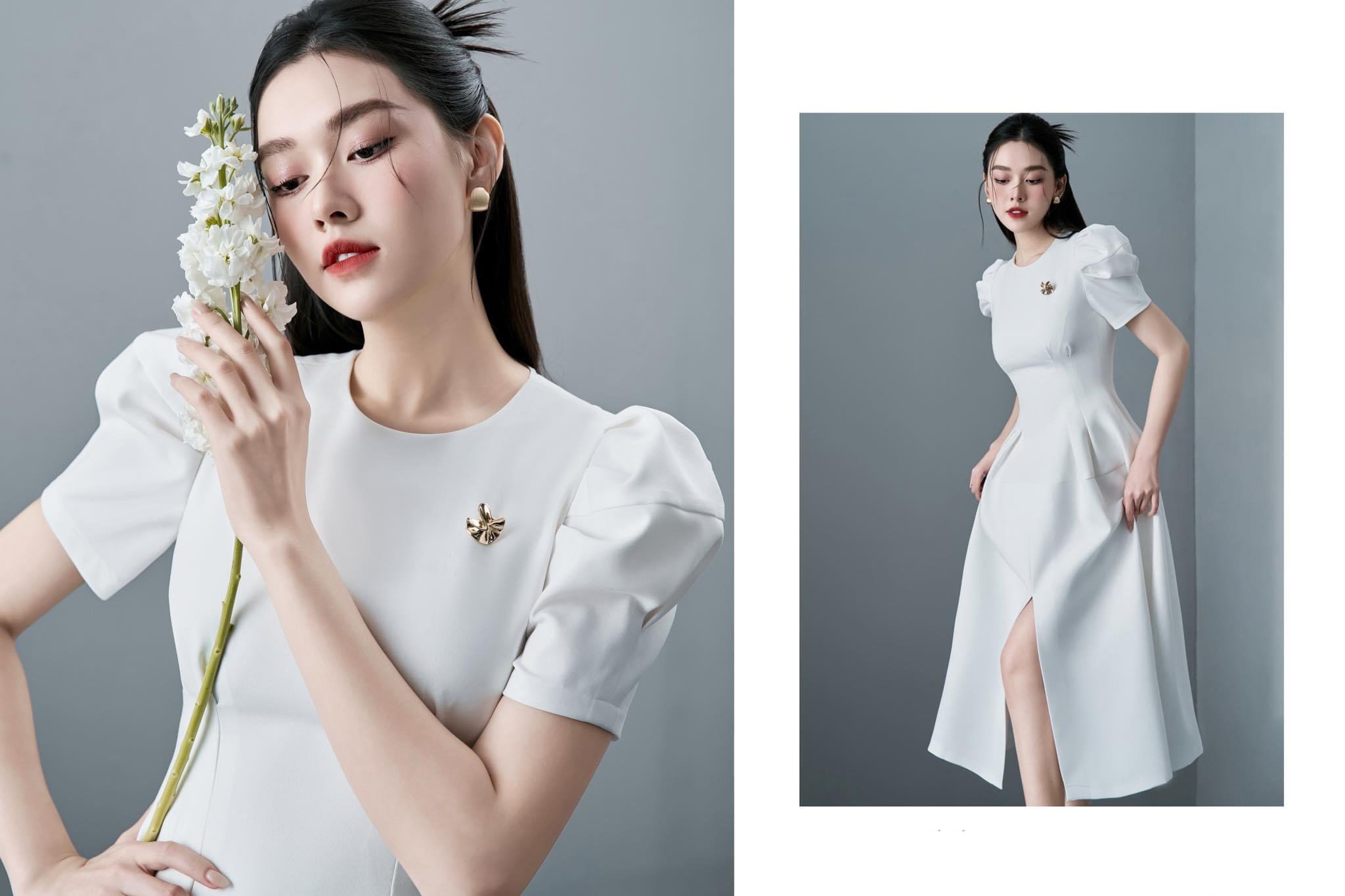 Đầm dự tiệc dáng xoè tay phồng xẻ tà sang trọng