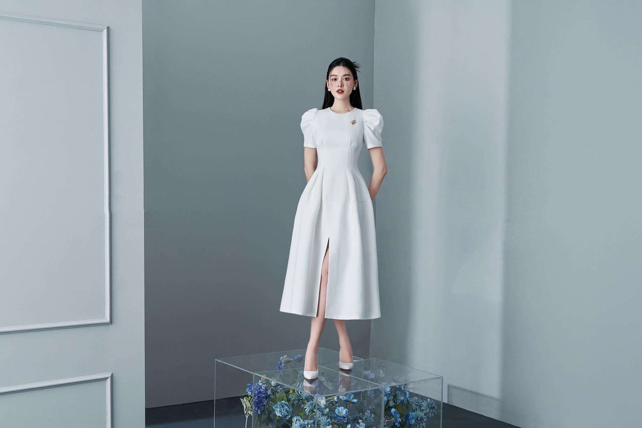 Đầm dự tiệc dáng xoè tay phồng xẻ tà sang trọng
