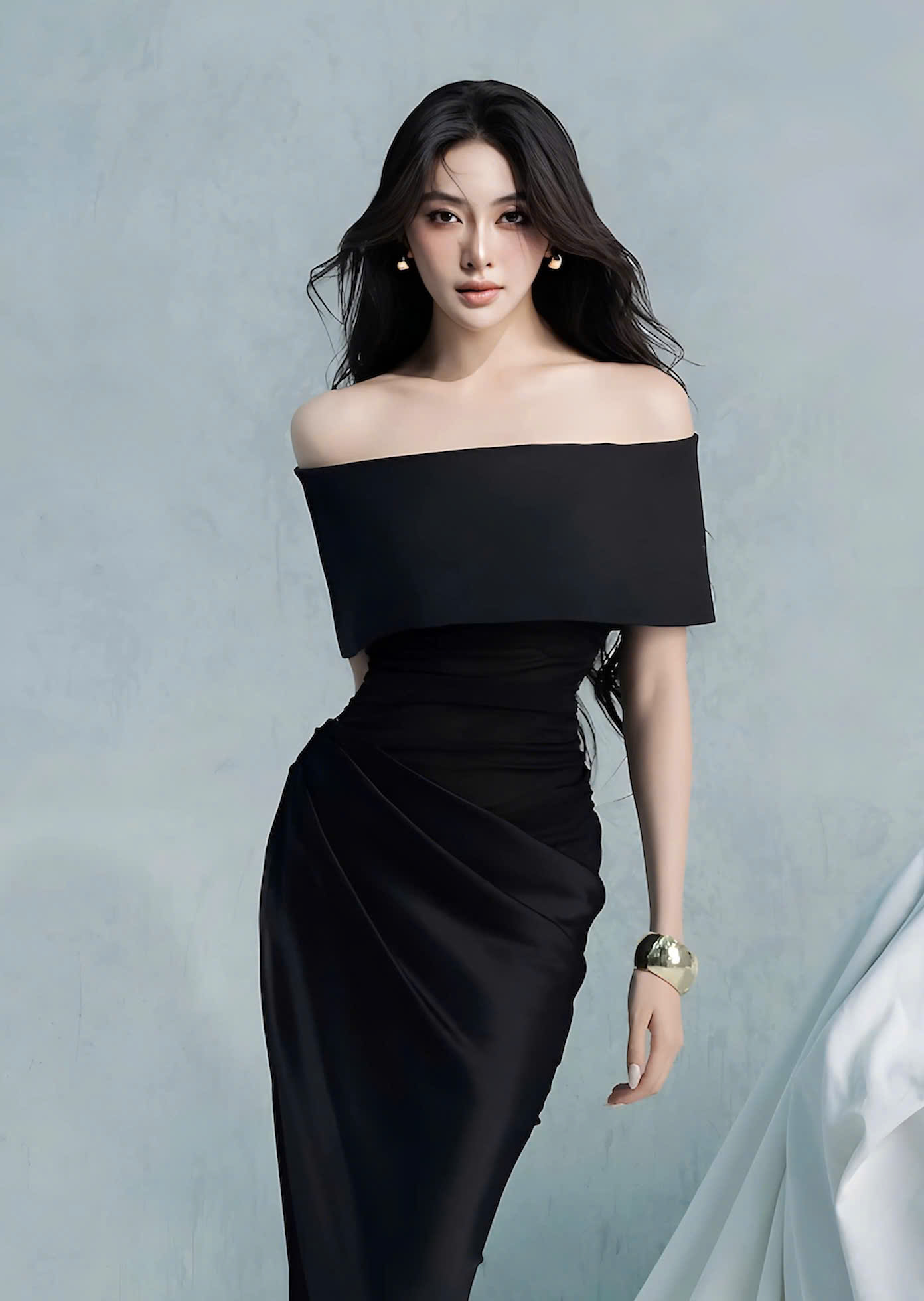 Đầm dự tiệc dáng dài vai ngang xếp ly eo sang trọng