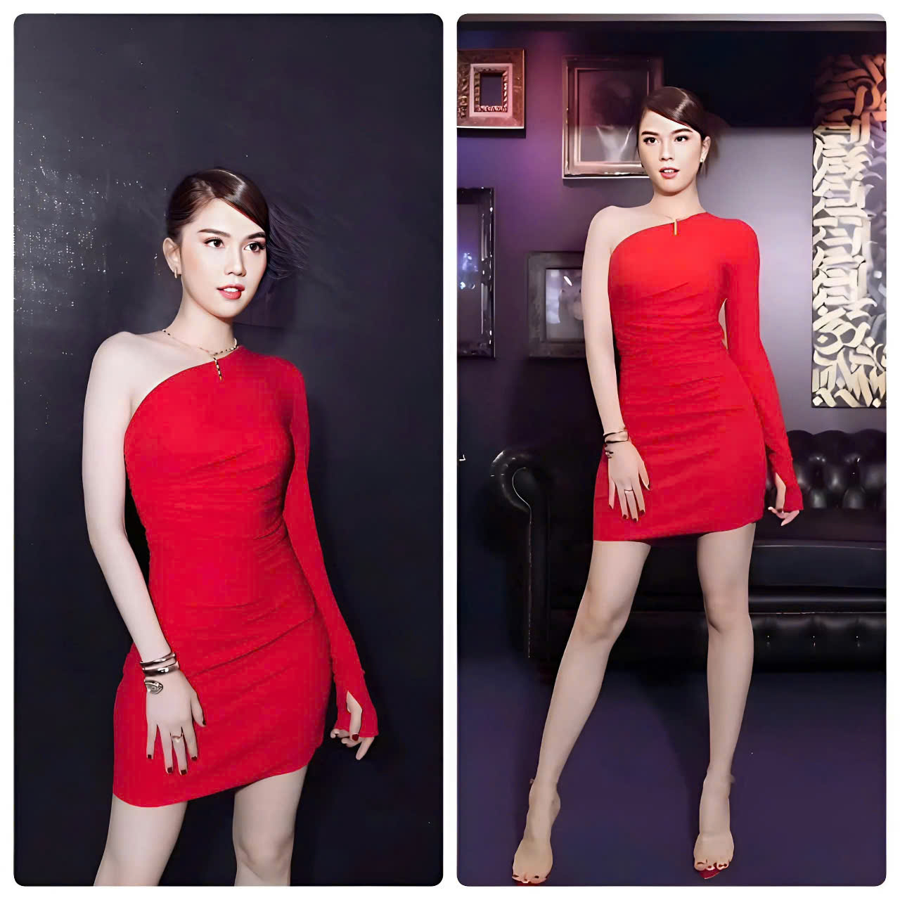 Đầm ôm body lệch hở vai tay dài dự tiệc