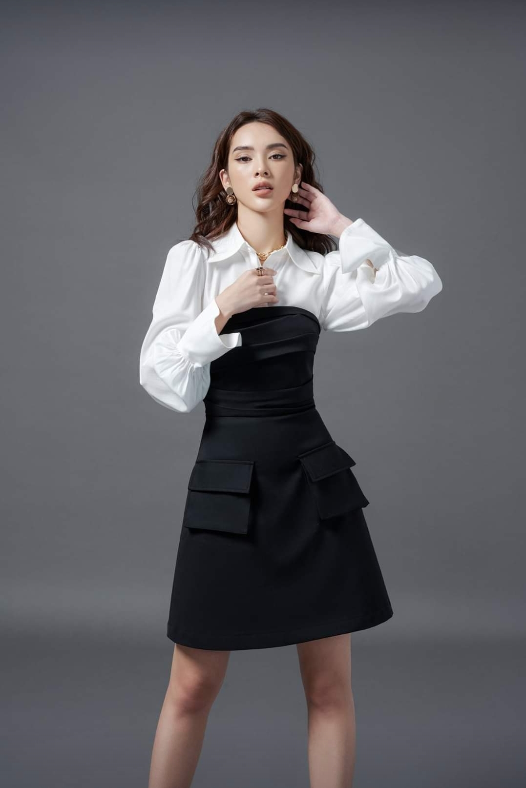 Set váy hoa nhí cổ yếm dáng dài kèm áo khoác cardigan croptop Ulzzang HABII  V02 - Váy Fashion