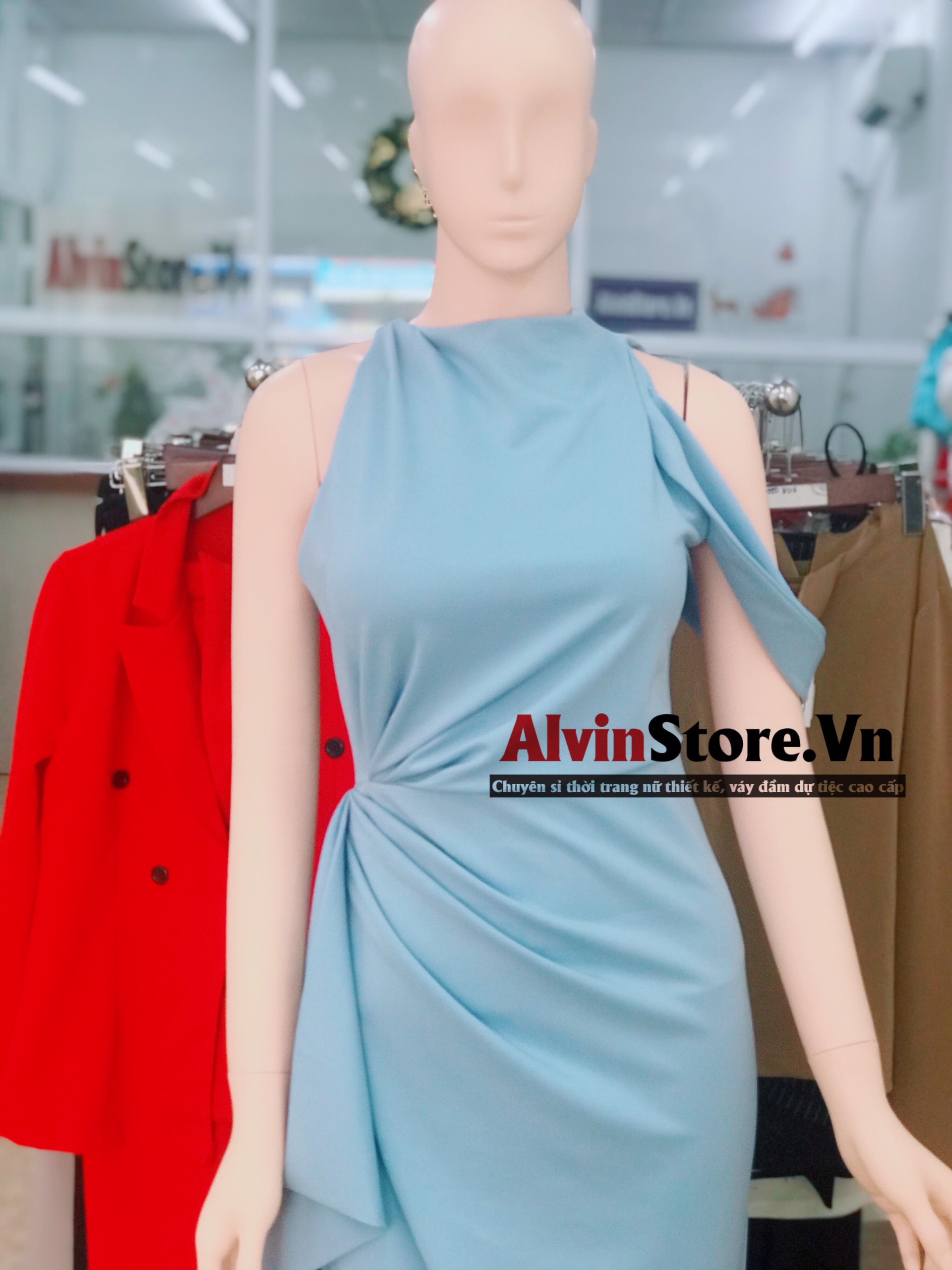 Đầm dạ hội lệch vai sát nách nhúng eo xẻ đùi (Xanh)