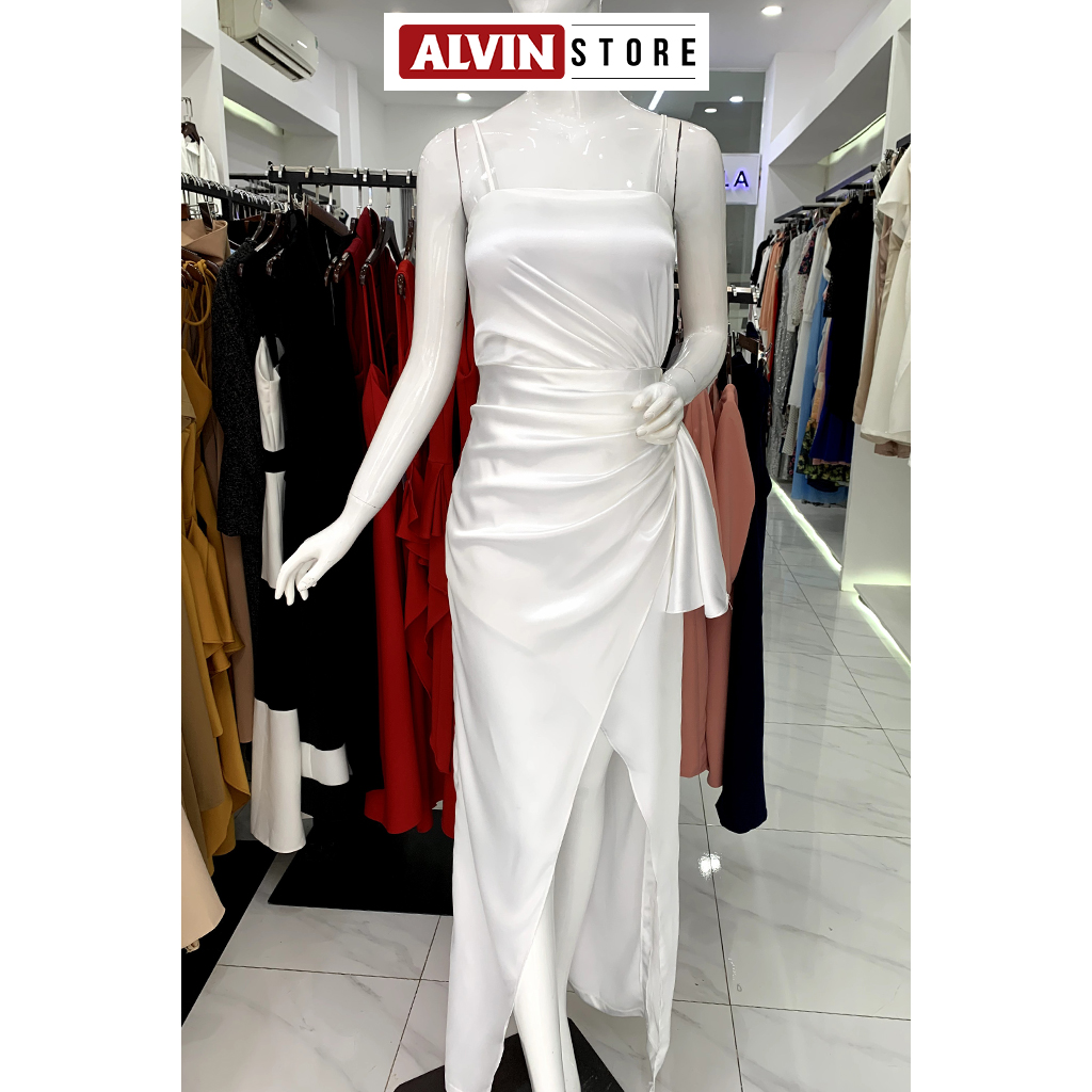 Đầm dạ hội kiểu 2 dây cúp ngực xẻ tà nơ eo sang trọng (Đỏ)