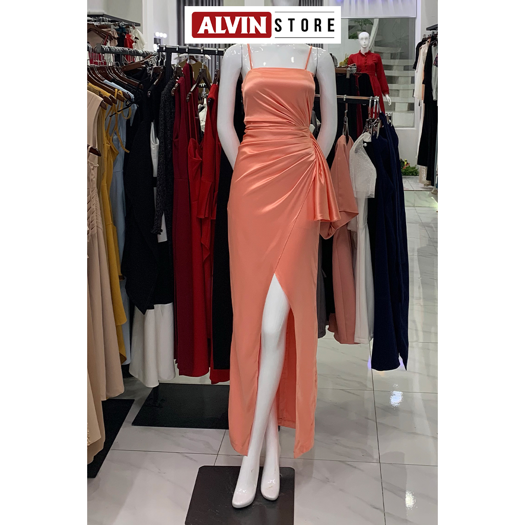 Đầm dạ hội kiểu 2 dây cúp ngực xẻ tà nơ eo sang trọng (Đen)